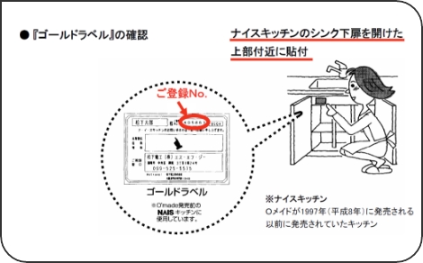 写真：『ゴールドラベル』の確認 ナイスキッチンのシンク下扉を開けた上部付近に貼付 ※O'made発売前のNAiSキッチンに使用しています。※ナイスキッチン メイドが1997年（平成8年）に発売される以前に発売されていたキッチン
