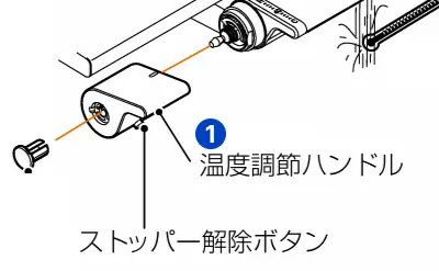 温度調節ハンドルを低温側に回す位置を示したイラスト