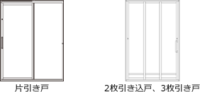 イラスト：片引き戸、2枚引き込戸、3枚引き戸
